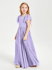 Chiffon Junior Bridesmaid Dresses with Lace Flutter Sleeves Lilac