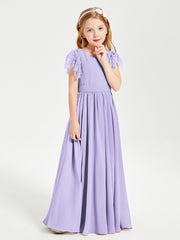 Chiffon Junior Bridesmaid Dresses with Lace Flutter Sleeves Lilac