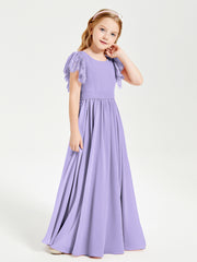Chiffon Junior Bridesmaid Dresses with Lace Flutter Sleeves Lilac