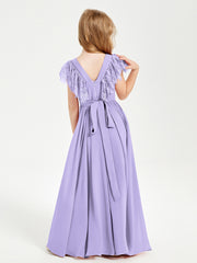Chiffon Junior Bridesmaid Dresses with Lace Flutter Sleeves Lilac