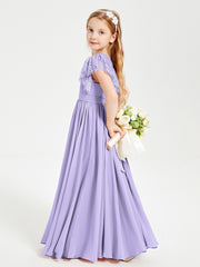 Chiffon Junior Bridesmaid Dresses with Lace Flutter Sleeves Lilac