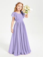 Chiffon Junior Bridesmaid Dresses with Lace Flutter Sleeves Lilac