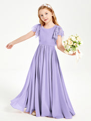 Chiffon Junior Bridesmaid Dresses with Lace Flutter Sleeves Lilac