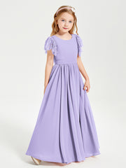 Chiffon Junior Bridesmaid Dresses with Lace Flutter Sleeves Lilac