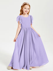 Chiffon Junior Bridesmaid Dresses with Lace Flutter Sleeves Lilac