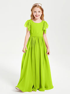 Chiffon Junior Bridesmaid Dresses with Lace Flutter Sleeves Lime Green