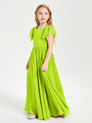 Chiffon Junior Bridesmaid Dresses with Lace Flutter Sleeves Lime Green