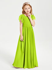 Chiffon Junior Bridesmaid Dresses with Lace Flutter Sleeves Lime Green