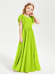 Chiffon Junior Bridesmaid Dresses with Lace Flutter Sleeves Lime Green