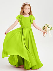 Chiffon Junior Bridesmaid Dresses with Lace Flutter Sleeves Lime Green
