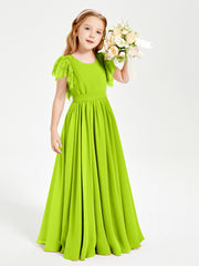 Chiffon Junior Bridesmaid Dresses with Lace Flutter Sleeves Lime Green