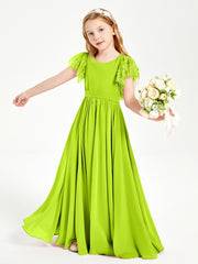 Chiffon Junior Bridesmaid Dresses with Lace Flutter Sleeves Lime Green