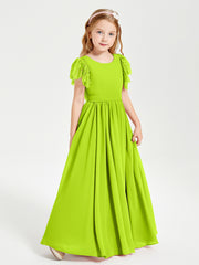 Chiffon Junior Bridesmaid Dresses with Lace Flutter Sleeves Lime Green