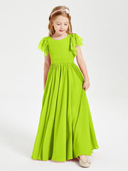 Chiffon Junior Bridesmaid Dresses with Lace Flutter Sleeves Lime Green