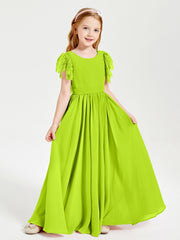 Chiffon Junior Bridesmaid Dresses with Lace Flutter Sleeves Lime Green