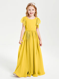 Chiffon Junior Bridesmaid Dresses with Lace Flutter Sleeves Marigold