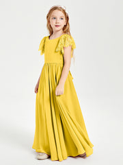 Chiffon Junior Bridesmaid Dresses with Lace Flutter Sleeves Marigold