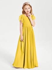 Chiffon Junior Bridesmaid Dresses with Lace Flutter Sleeves Marigold