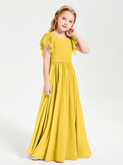 Chiffon Junior Bridesmaid Dresses with Lace Flutter Sleeves Marigold