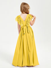 Chiffon Junior Bridesmaid Dresses with Lace Flutter Sleeves Marigold