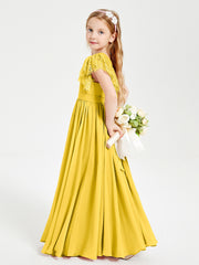 Chiffon Junior Bridesmaid Dresses with Lace Flutter Sleeves Marigold