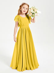 Chiffon Junior Bridesmaid Dresses with Lace Flutter Sleeves Marigold