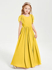 Chiffon Junior Bridesmaid Dresses with Lace Flutter Sleeves Marigold