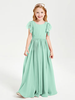 Chiffon Junior Bridesmaid Dresses with Lace Flutter Sleeves Mint Green