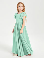 Chiffon Junior Bridesmaid Dresses with Lace Flutter Sleeves Mint Green