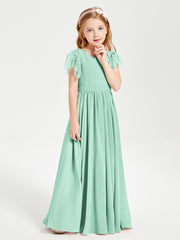 Chiffon Junior Bridesmaid Dresses with Lace Flutter Sleeves Mint Green