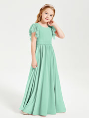 Chiffon Junior Bridesmaid Dresses with Lace Flutter Sleeves Mint Green