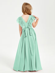 Chiffon Junior Bridesmaid Dresses with Lace Flutter Sleeves Mint Green