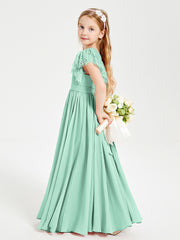 Chiffon Junior Bridesmaid Dresses with Lace Flutter Sleeves Mint Green