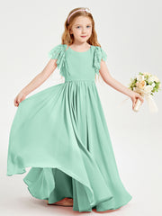 Chiffon Junior Bridesmaid Dresses with Lace Flutter Sleeves Mint Green