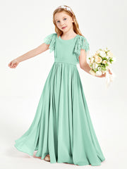Chiffon Junior Bridesmaid Dresses with Lace Flutter Sleeves Mint Green