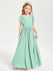 Chiffon Junior Bridesmaid Dresses with Lace Flutter Sleeves Mint Green