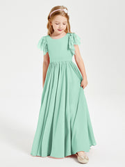 Chiffon Junior Bridesmaid Dresses with Lace Flutter Sleeves Mint Green