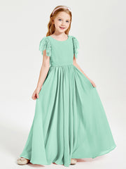 Chiffon Junior Bridesmaid Dresses with Lace Flutter Sleeves Mint Green