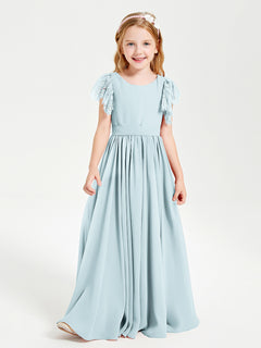 Chiffon Junior Bridesmaid Dresses with Lace Flutter Sleeves Mist