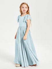 Chiffon Junior Bridesmaid Dresses with Lace Flutter Sleeves Mist
