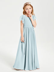 Chiffon Junior Bridesmaid Dresses with Lace Flutter Sleeves Mist