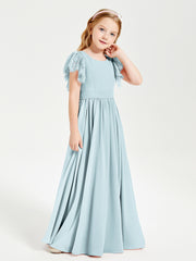 Chiffon Junior Bridesmaid Dresses with Lace Flutter Sleeves Mist