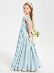 Chiffon Junior Bridesmaid Dresses with Lace Flutter Sleeves Mist