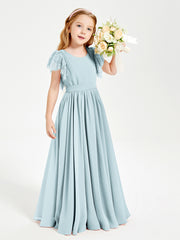 Chiffon Junior Bridesmaid Dresses with Lace Flutter Sleeves Mist