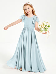 Chiffon Junior Bridesmaid Dresses with Lace Flutter Sleeves Mist
