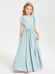Chiffon Junior Bridesmaid Dresses with Lace Flutter Sleeves Mist