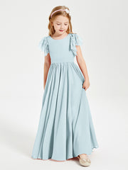 Chiffon Junior Bridesmaid Dresses with Lace Flutter Sleeves Mist