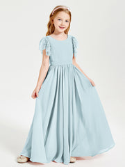Chiffon Junior Bridesmaid Dresses with Lace Flutter Sleeves Mist