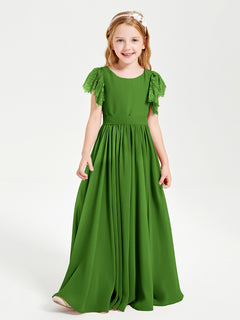 Chiffon Junior Bridesmaid Dresses with Lace Flutter Sleeves Moss