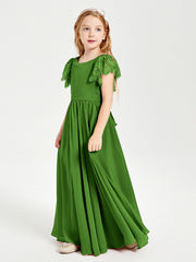 Chiffon Junior Bridesmaid Dresses with Lace Flutter Sleeves Moss